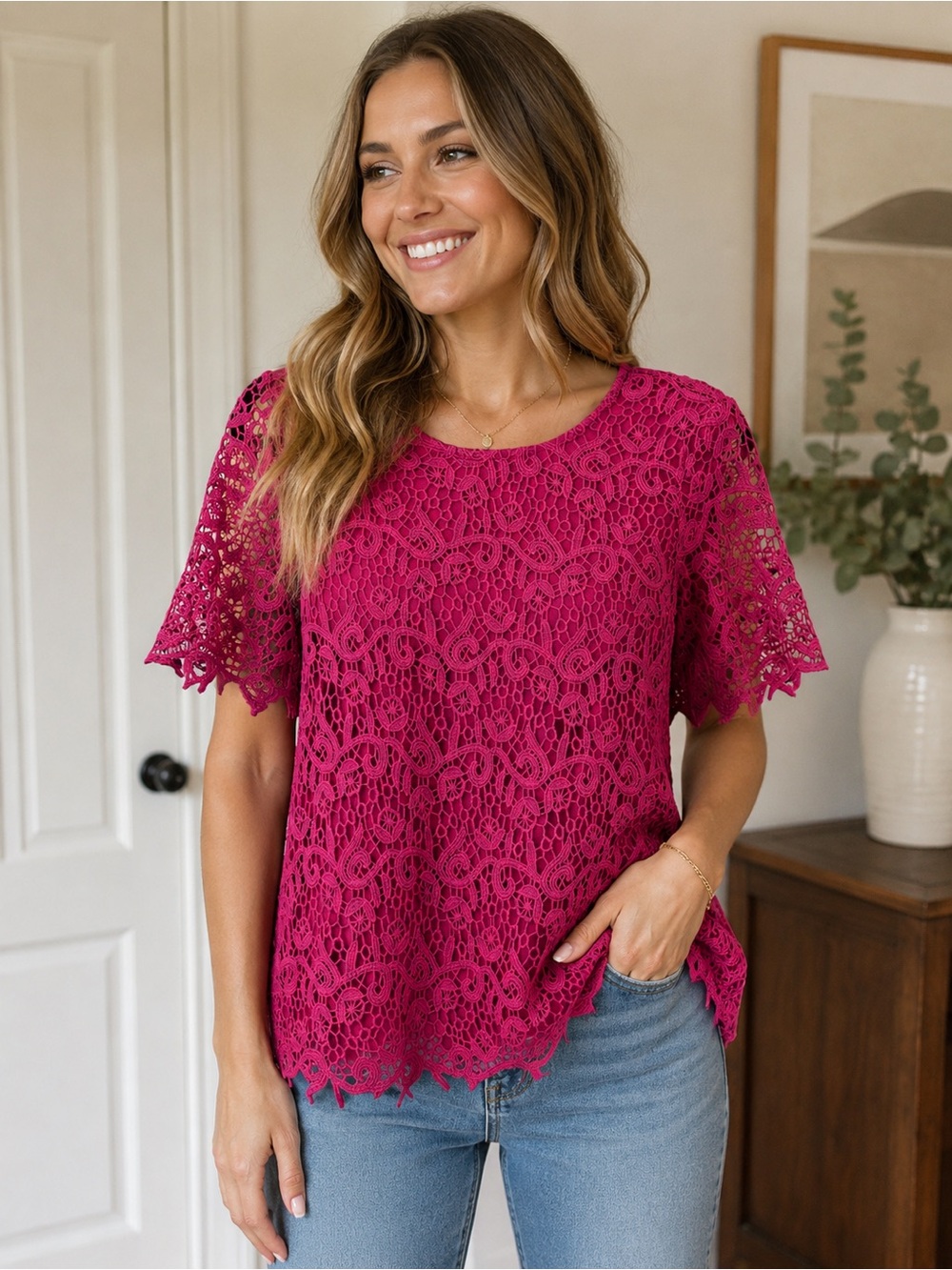 Philosophy Republic Clothing Lace Blouse Small Fuchsia Pink Scalloped